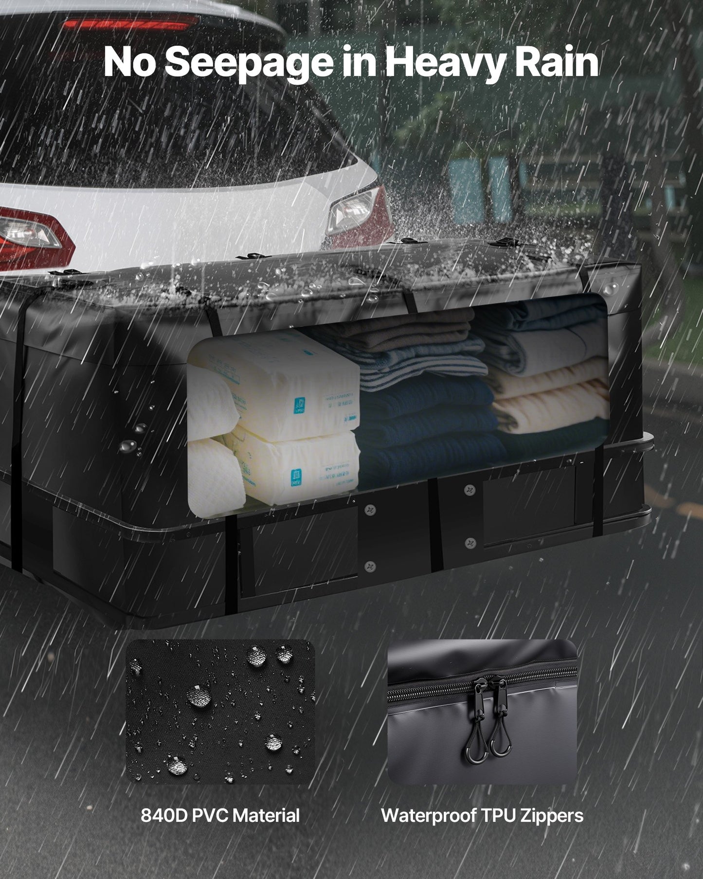 Bärväska för dragkrok, vattentät 840D PVC, 46,65 x 20,08 x 19,69 tum (12 kubikfot), kraftig lastväska för förvaring av lastbilsflak med förstärkta remmar, lämplig för bil, SUV, skåpbil, dragkrokskorg