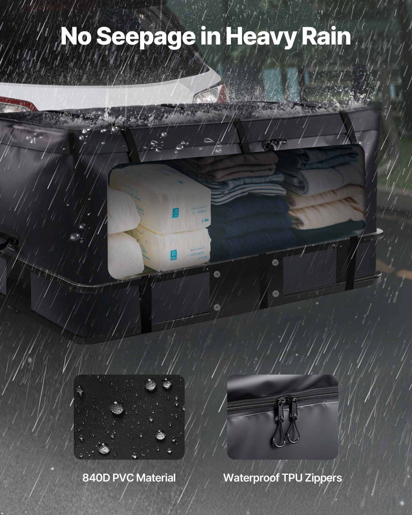 Bärväska för dragkrok, vattentät 840D PVC, 60,24 x 24,02 x 35,94 tum (30 kubikfot), kraftig lastväska för förvaring av lastbilsflak med förstärkta remmar, lämplig för bil, SUV, skåpbil, dragkrokskorg