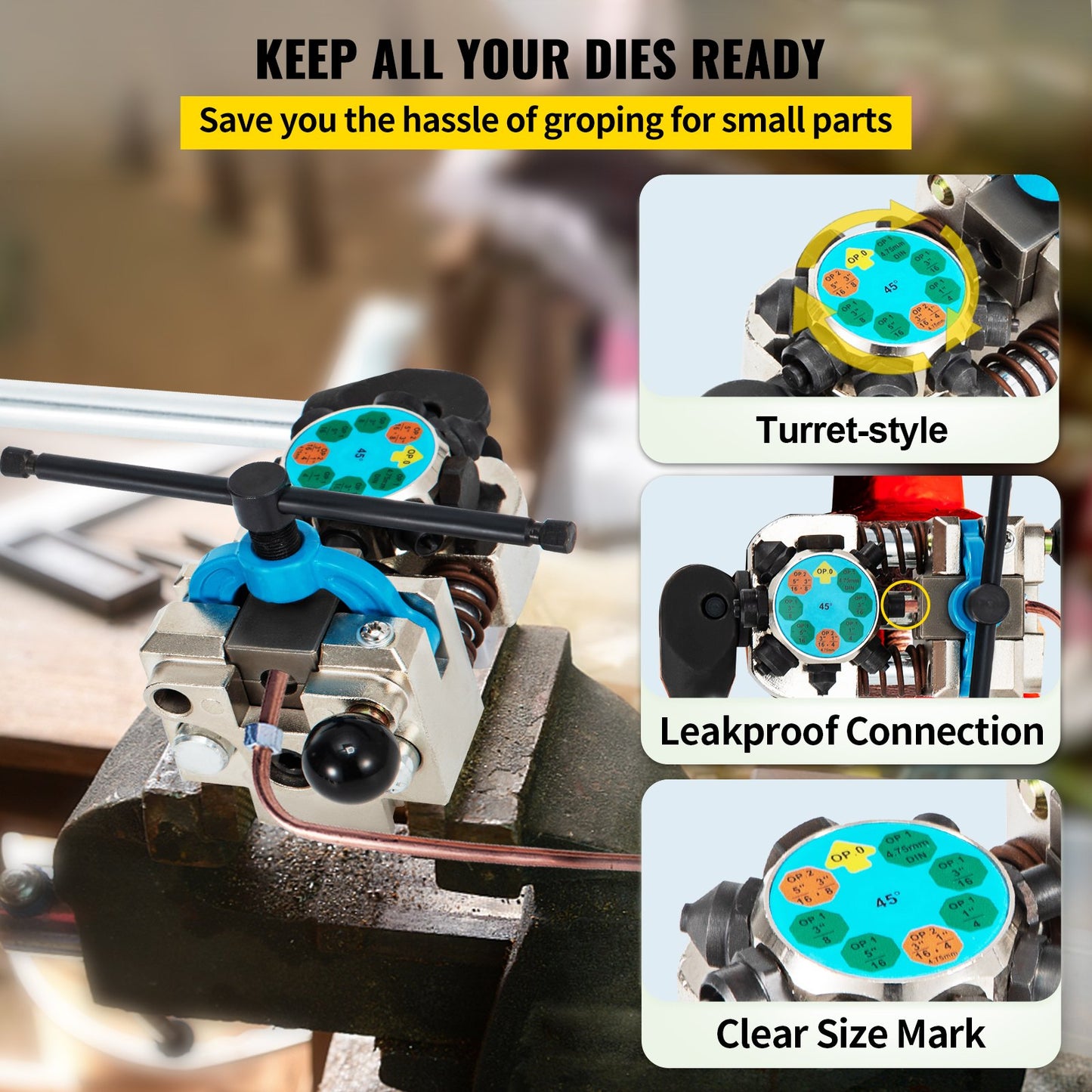 Bromsledningsutvidgningsverktyg, 45 graders enkel-, dubbel- och bubbelutvidgning för rörstorlekar 3/16", 1/4", 5/16" och 3/8", lämplig för mjuk metall eller kopparledningar