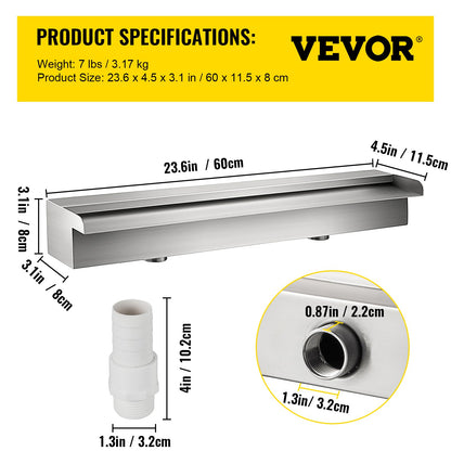 63,6 x 11,3 x 8,6 cm dekorativ vattenfallsfontän i rostfritt stål för trädgårdsdamm inomhus och utomhus