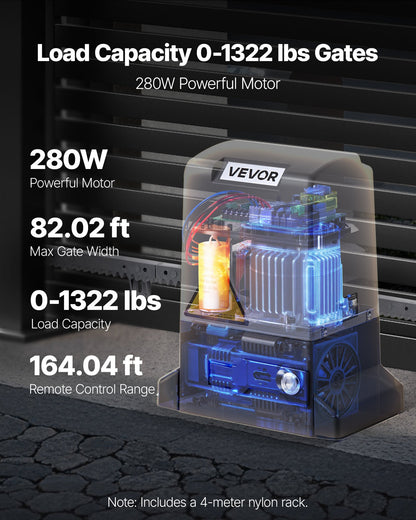 Automatisk grindöppnare, 280W elektrisk skjutgrindsöppnare för dörrar upp till 25m 816kg, rullportsmotor i nylon med kuggstång, infraröd sensor och 2 fjärrkontroller, grindöppningssystem för uppfarter