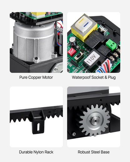 Automatisk grindöppnare, 280W elektrisk skjutgrindsöppnare för dörrar upp till 25m 816kg, rullportsmotor i nylon med kuggstång, infraröd sensor och 2 fjärrkontroller, grindöppningssystem för uppfarter