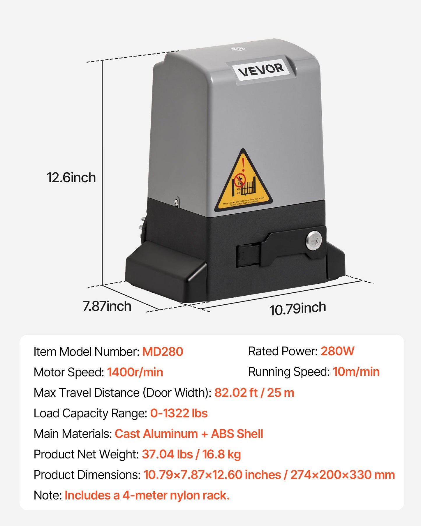 Automatisk grindöppnare, 280W elektrisk skjutgrindsöppnare för dörrar upp till 25m 816kg, rullportsmotor i nylon med kuggstång, infraröd sensor och 2 fjärrkontroller, grindöppningssystem för uppfarter
