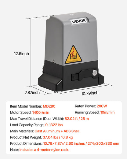 Automatisk grindöppnare, 280W elektrisk skjutgrindsöppnare för dörrar upp till 25m 816kg, rullportsmotor i nylon med kuggstång, infraröd sensor och 2 fjärrkontroller, grindöppningssystem för uppfarter