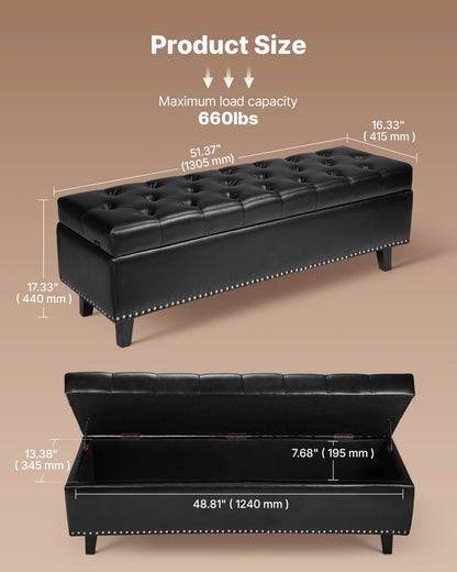 Knappknäppt förvaringsbänk, PU-läderbänk med förvaring och ben i massivt trä, moderna skobänkar för entrén, stoppade sänggavelbänkar för vardagsrum, matsal, svart