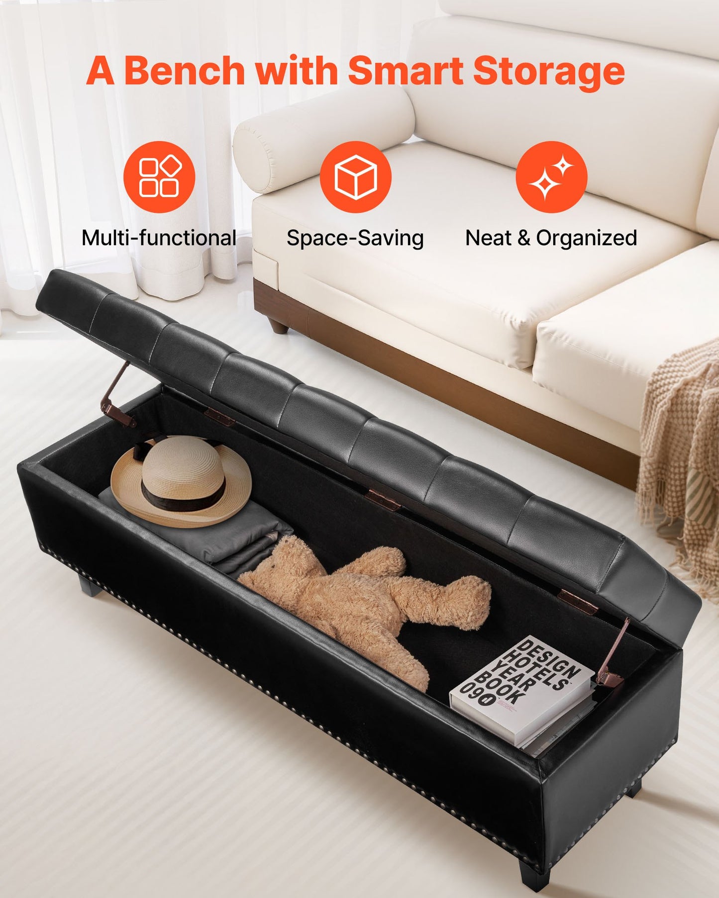 Knappknäppt förvaringsbänk, PU-läderbänk med förvaring och ben i massivt trä, moderna skobänkar för entrén, stoppade sänggavelbänkar för vardagsrum, matsal, svart