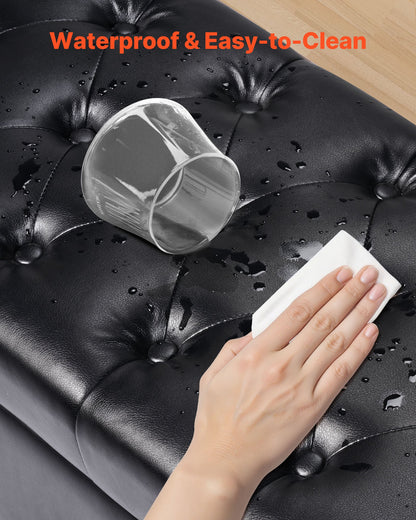 Knappknäppt förvaringsbänk, PU-läderbänk med förvaring och ben i massivt trä, moderna skobänkar för entrén, stoppade sänggavelbänkar för vardagsrum, matsal, svart