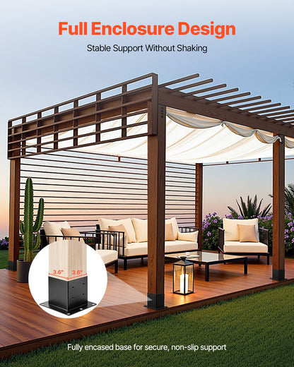 4x4 stolpbas 4 st, innermått 3,6x3,6 tum / 92x92 mm stolpfästen, kraftiga däckstolpar i kolstål, trästolpfästen för paviljongdäck, stöddäcksbasplatta, svart