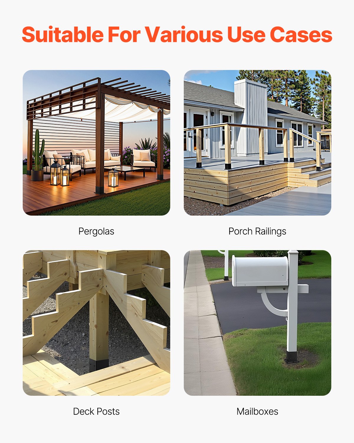 4x4 stolpbas 4 st, innermått 3,6x3,6 tum / 92x92 mm stolpfästen, kraftiga däckstolpar i kolstål, trästolpfästen för paviljongdäck, stöddäcksbasplatta, svart