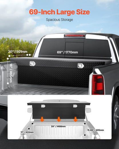 Verktygslåda för Crossover Truck, 69x20x18 tum, Kraftig verktygslåda i aluminium med diamantstruktur, Verktygslåda för pickup-flak, husbilssläpvagn, Vattentät förvaringsorganisatör med lås, nycklar, sidohandtag, svart