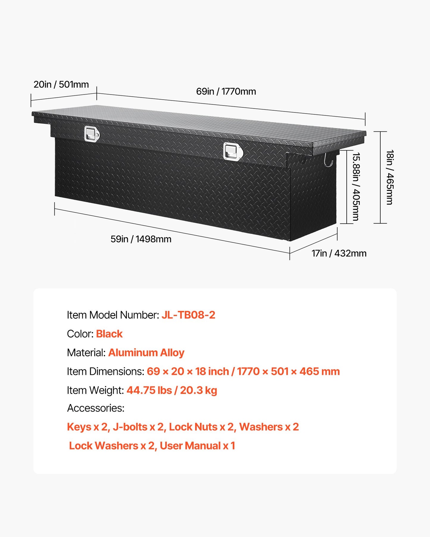 Verktygslåda för Crossover Truck, 69x20x18 tum, Kraftig verktygslåda i aluminium med diamantstruktur, Verktygslåda för pickup-flak, husbilssläpvagn, Vattentät förvaringsorganisatör med lås, nycklar, sidohandtag, svart