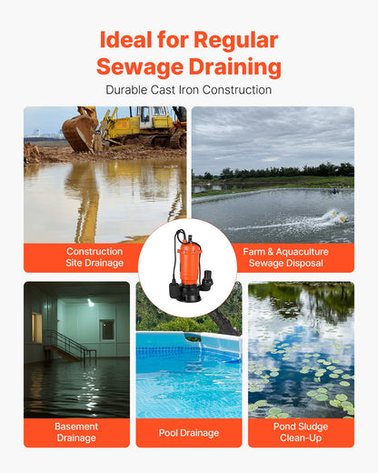 1500W dränkbar avloppspump, 22800 l/h, dränkbar avloppspump i gjutjärn med automatisk flottörbrytare, 18 m maxlyft, dränerar smutsigt rent vatten, för pooler, trädgårdar, dammar, översvämmade områden