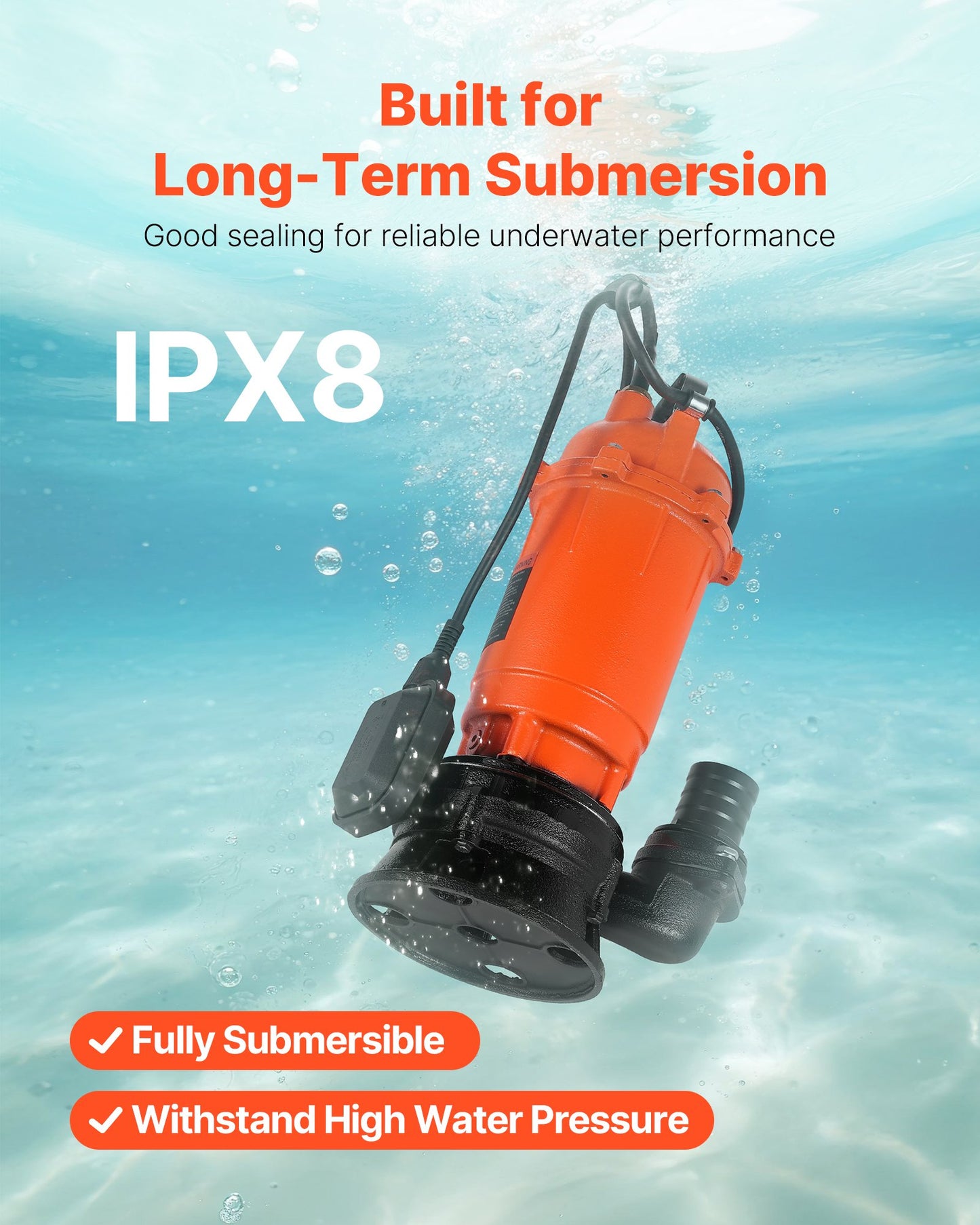 1500W dränkbar avloppspump, 22800 l/h, dränkbar avloppspump i gjutjärn med automatisk flottörbrytare, 18 m maxlyft, dränerar smutsigt rent vatten, för pooler, trädgårdar, dammar, översvämmade områden