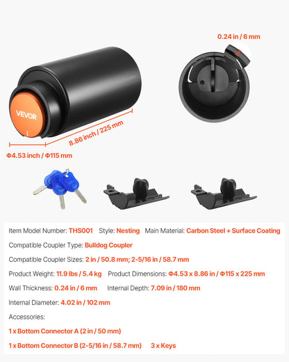 Släpvagnslås, passar 50,6 och 58,6 mm Bulldog släpvagnskopplingar, kraftigt dragkrokslås med 3 nycklar säkrar säkerhetskedjor, korrosionsbeständigt, stöldskyddande husvagnslås för husbil, släpvagn, båt