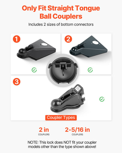 Släpvagnslås, passar 50,6 och 58,6 mm raka kulkopplingar, kraftigt dragkrokslås med 3 nycklar som säkrar säkerhetskedjor, stöldskyddande tunglås för husbil, släpvagn, båt