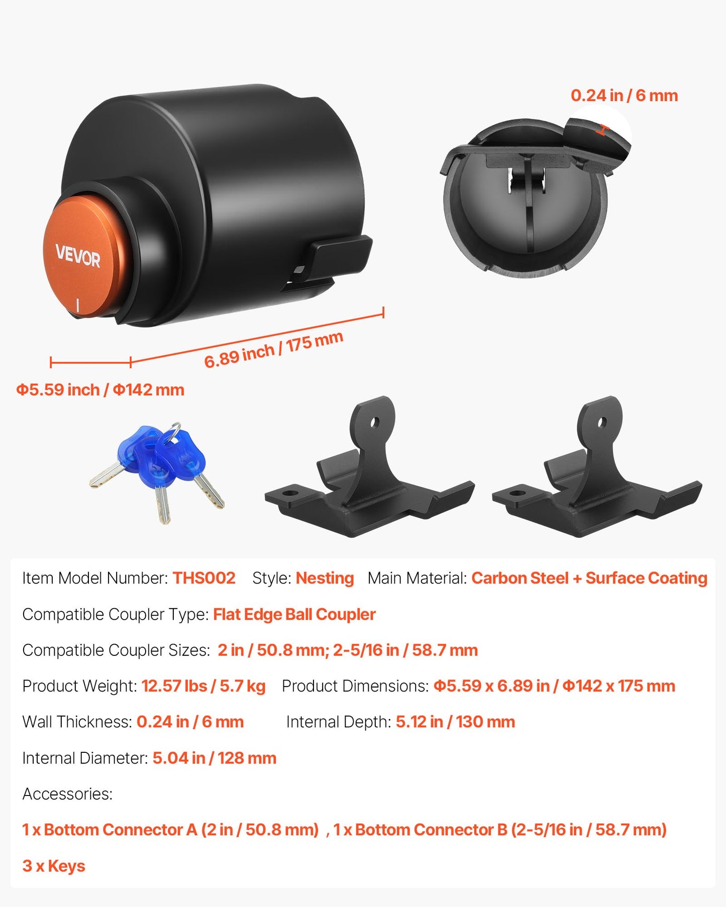 Släpvagnslås, passar 50,6 och 58,6 mm raka kulkopplingar, kraftigt dragkrokslås med 3 nycklar som säkrar säkerhetskedjor, stöldskyddande tunglås för husbil, släpvagn, båt