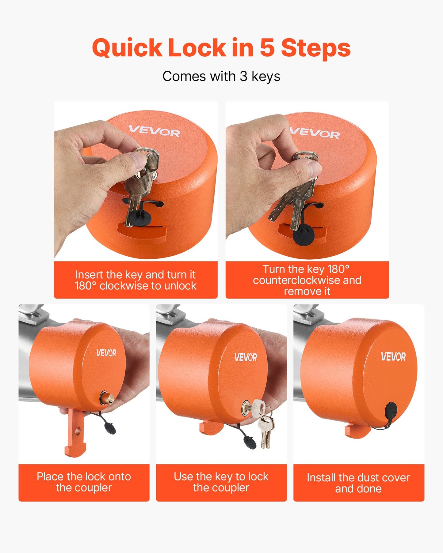 Släpvagnslås, passar 47,5, 50,6 och 58,6 mm raka kulkopplingar, kraftigt dragkrokslås med 4 nycklar säkrar säkerhetskedjor, stöldskyddande husvagnslås för husbil, släpvagn, båt