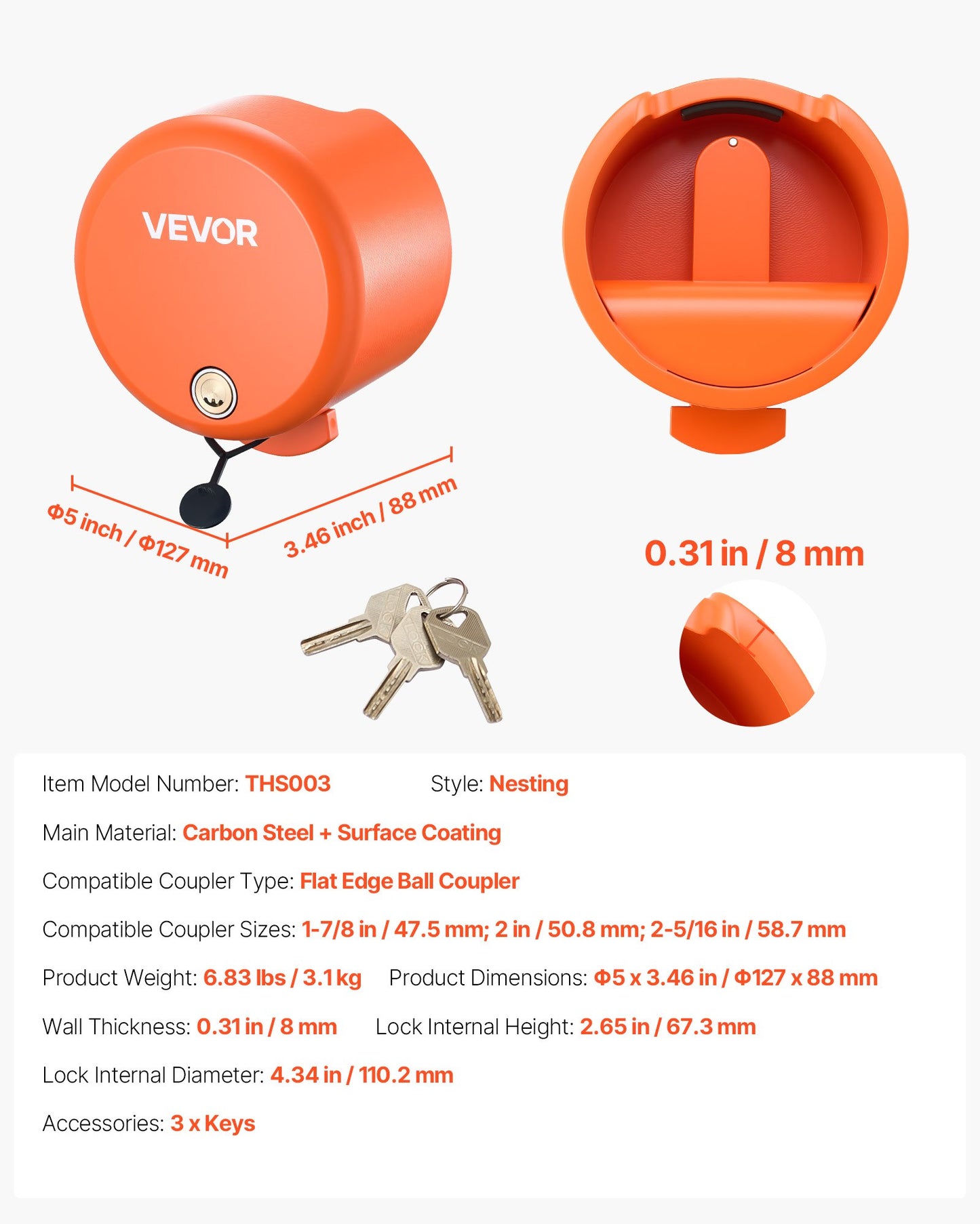 Släpvagnslås, passar 47,5, 50,6 och 58,6 mm raka kulkopplingar, kraftigt dragkrokslås med 4 nycklar säkrar säkerhetskedjor, stöldskyddande husvagnslås för husbil, släpvagn, båt