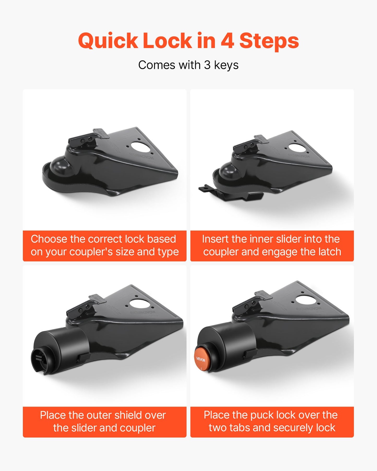Släpvagnslås, passar 58,6 mm luftströmskopplingar, kraftigt dragkrokslås med 3 nycklar säkrar säkerhetskedjor, rostbeständigt, stöldskyddande släpvagnslås för husbil, släpvagn och båt