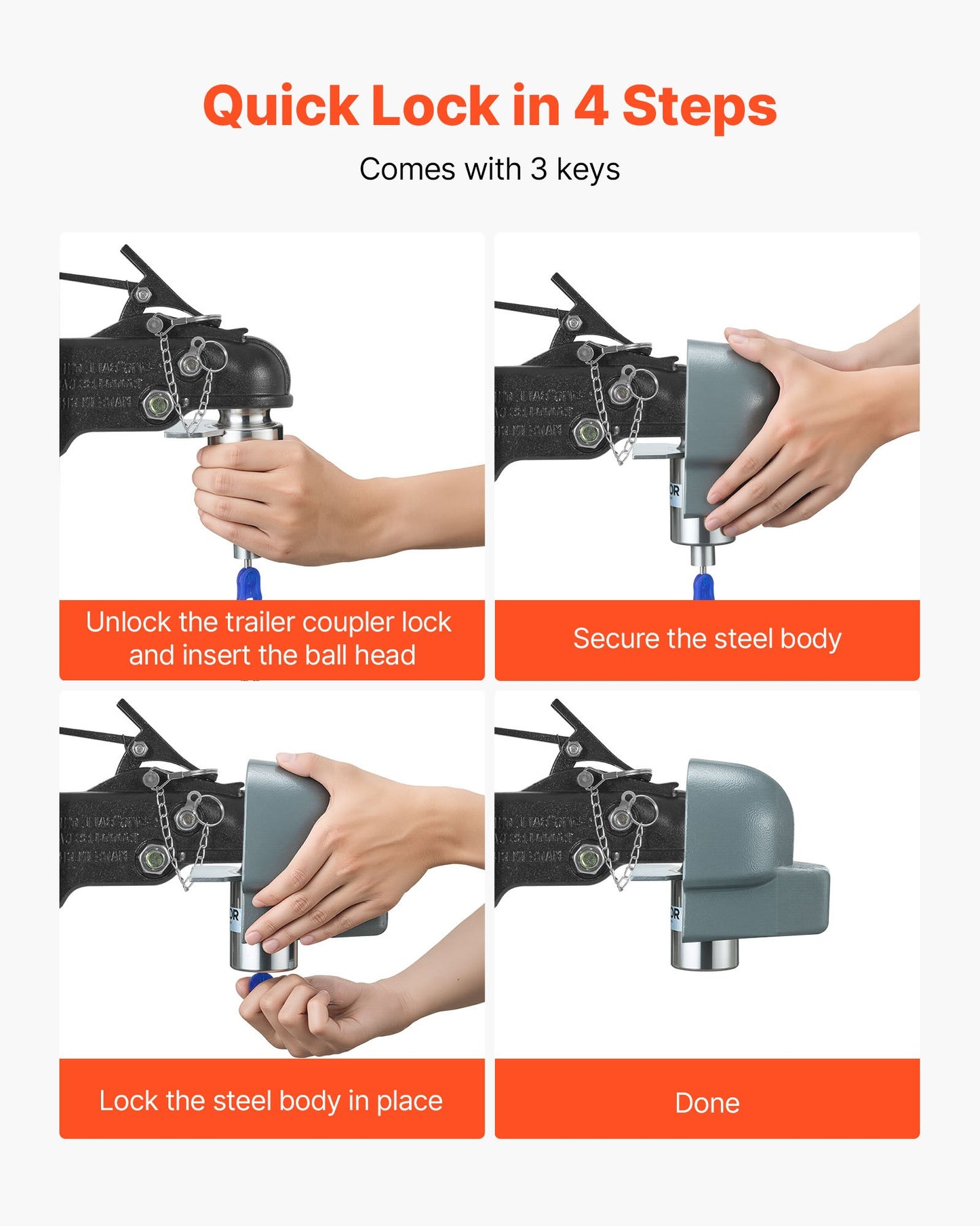 Lås för släpvagnskoppling, passar 58,6 mm gjutna/bulldogg släpvagnskopplingar, kraftigt släpvagnskopplingslås med 3 nycklar, korrosionsbeständigt, stöldskyddande kullås för husbil, släpvagn, båt, svart