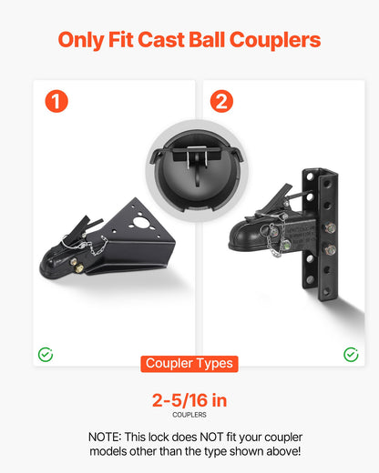 Släpvagnslås, passar 58,6 mm gjutna kulkopplingar, kraftigt dragkrokslås med 3 nycklar säkrar säkerhetskedjor, korrosionsbeständigt, stöldskyddande husvagnslås för husbil, släpvagn, båt