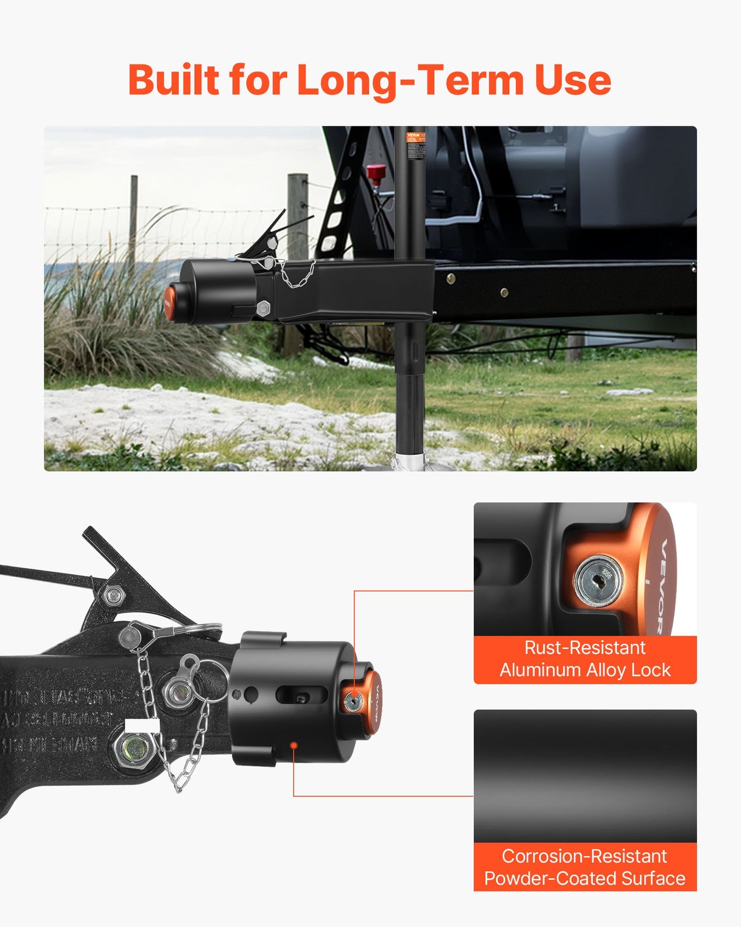 Släpvagnslås, passar 58,6 mm gjutna kulkopplingar, kraftigt dragkrokslås med 3 nycklar säkrar säkerhetskedjor, korrosionsbeständigt, stöldskyddande husvagnslås för husbil, släpvagn, båt