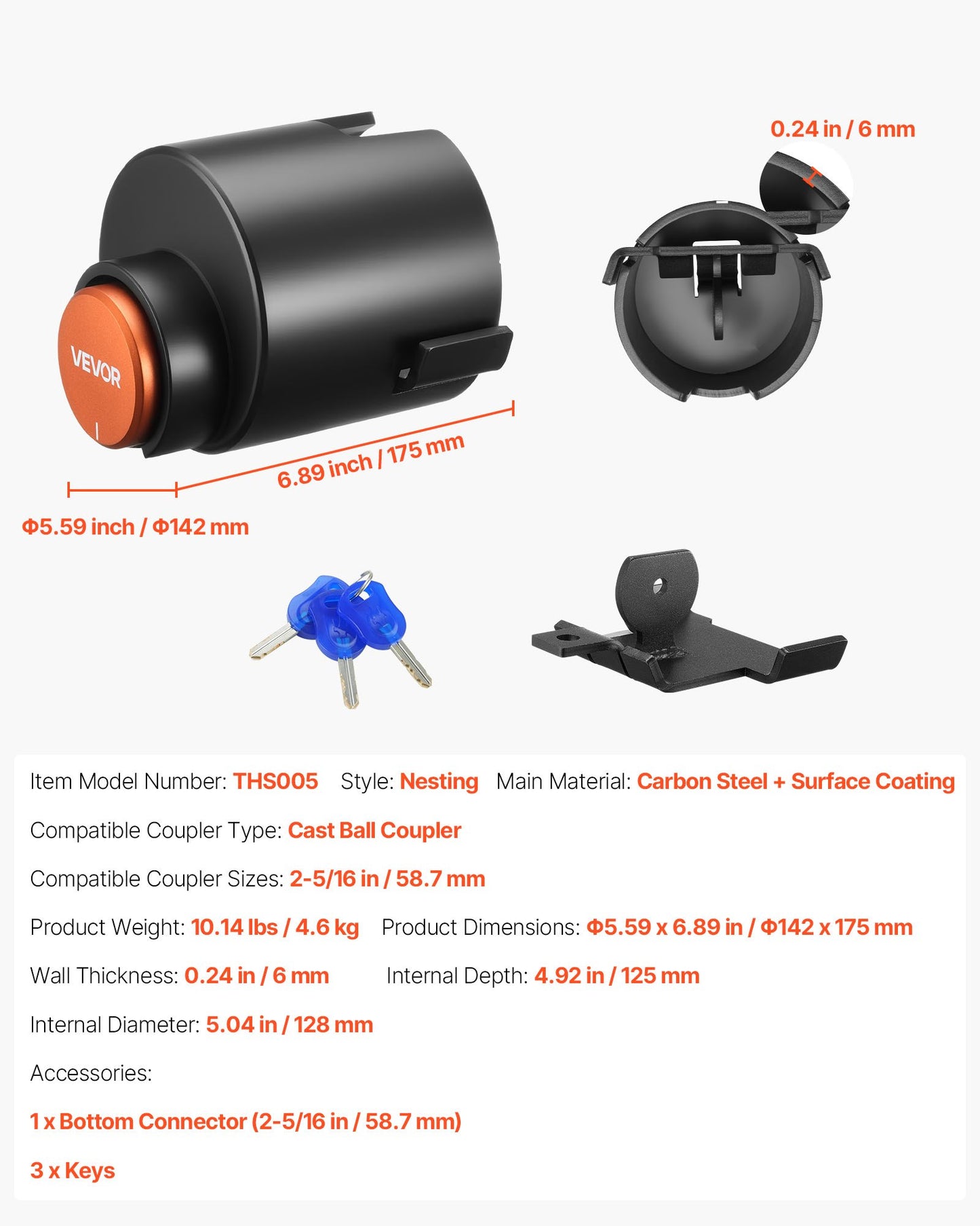 Släpvagnslås, passar 58,6 mm gjutna kulkopplingar, kraftigt dragkrokslås med 3 nycklar säkrar säkerhetskedjor, korrosionsbeständigt, stöldskyddande husvagnslås för husbil, släpvagn, båt
