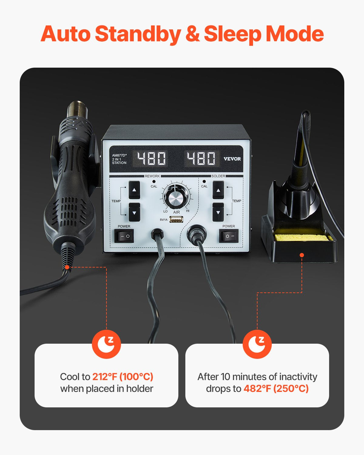 2-i-1 varmlufts- och lödstation, 820W digital display för löd- och bearbetning med 5V USB-laddningsport, justerbar temperatur och luftflöde, 3 varmluftsmunstycken, 5 lödspetsar