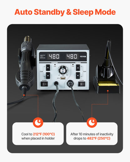 2-i-1 varmlufts- och lödstation, 820W digital display för löd- och bearbetning med 5V USB-laddningsport, justerbar temperatur och luftflöde, 3 varmluftsmunstycken, 5 lödspetsar