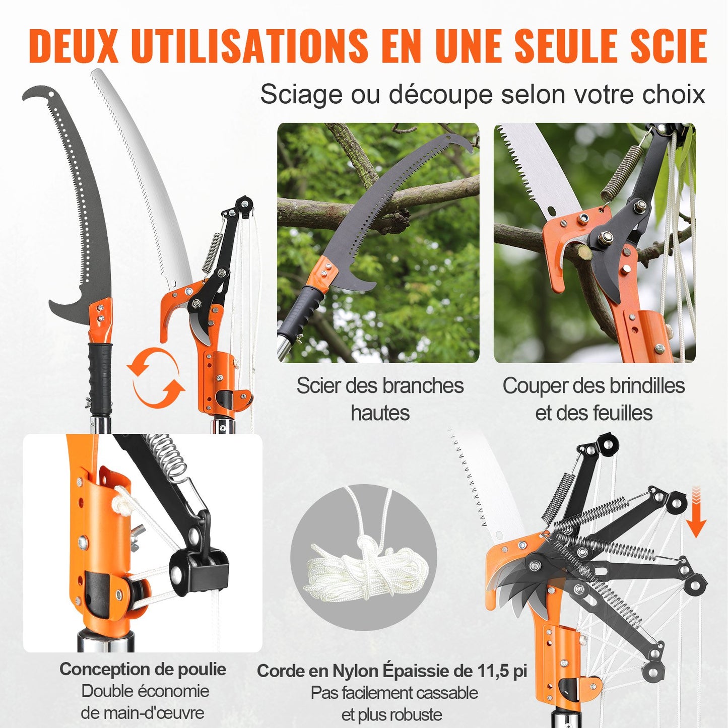 Manuell stångsåg, 2,2-8,2 m utdragbar trädsekatör, vasst stålblad och sax för beskärning av höga grenar, grentrimmer med lätta 2,4 m glasfiberhandtag, för beskärning av palmer och buskar