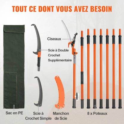 Manuell stångsåg, 2,2-8,2 m utdragbar trädsekatör, vasst stålblad och sax för beskärning av höga grenar, grentrimmer med lätta 2,4 m glasfiberhandtag, för beskärning av palmer och buskar