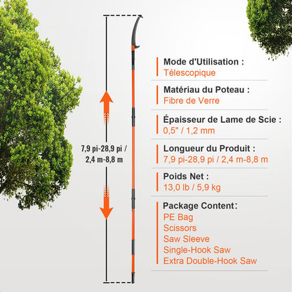 Manuell stångsåg, 2,2-8,2 m utdragbar trädsekatör, vasst stålblad och sax för beskärning av höga grenar, grentrimmer med lätta 2,4 m glasfiberhandtag, för beskärning av palmer och buskar