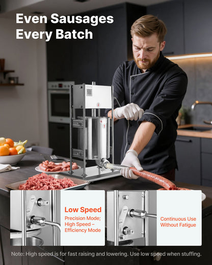 Manuell korvfyllare, 10 liters vertikal köttfyllare, korvfyllningsmaskin med dubbla hastigheter, kraftig fyllare i rostfritt stål med 5 fyllningsrör, för kommersiellt och hemmabruk