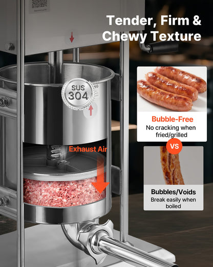 Manuell korvfyllare, 10 liters vertikal köttfyllare, korvfyllningsmaskin med dubbla hastigheter, kraftig fyllare i rostfritt stål med 5 fyllningsrör, för kommersiellt och hemmabruk