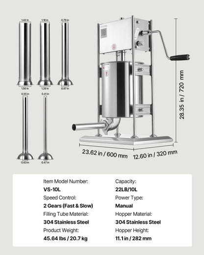 Manuell korvfyllare, 10 liters vertikal köttfyllare, korvfyllningsmaskin med dubbla hastigheter, kraftig fyllare i rostfritt stål med 5 fyllningsrör, för kommersiellt och hemmabruk