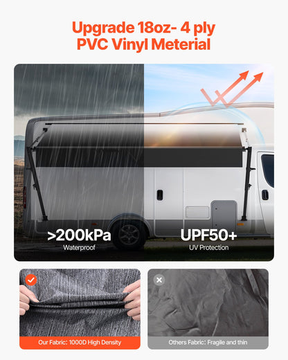 Manuell husbilsmarkis komplett kit, 20' infällbar markis med aluminiumram, markis för utomhussläpvagn, passar de flesta husbilar (svart toning)