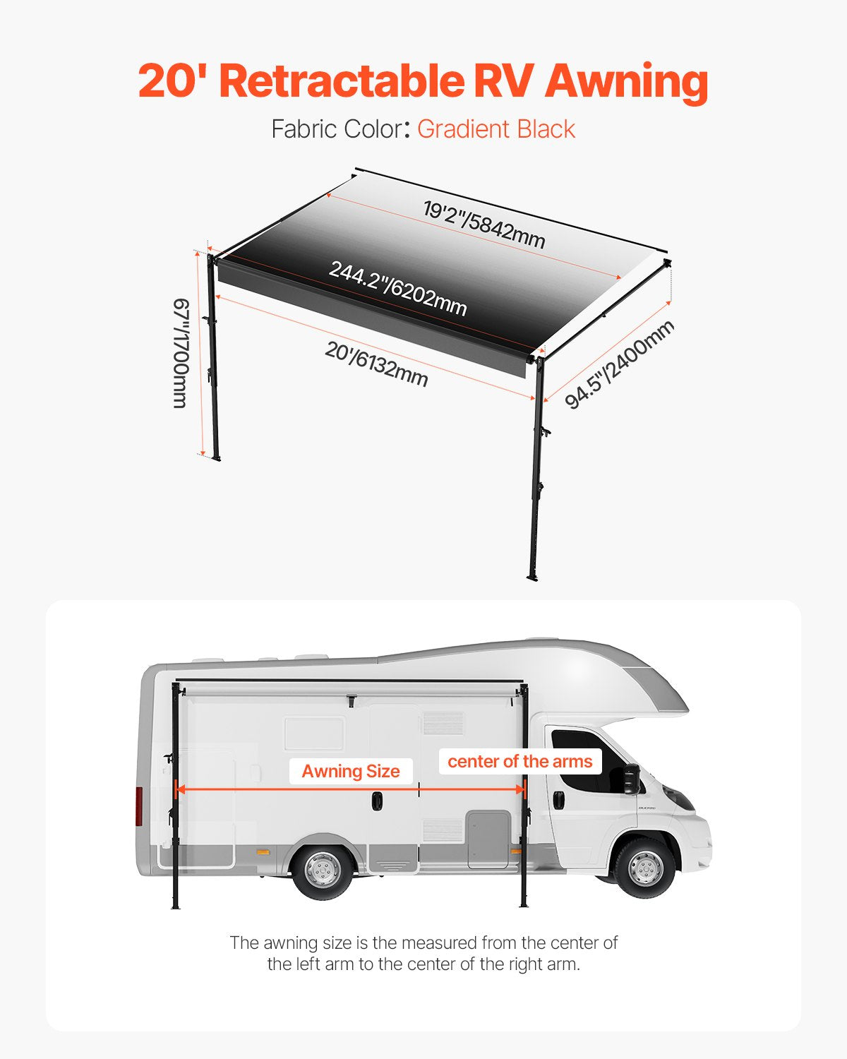 Manuell husbilsmarkis komplett kit, 20' infällbar markis med aluminiumram, markis för utomhussläpvagn, passar de flesta husbilar (svart toning)