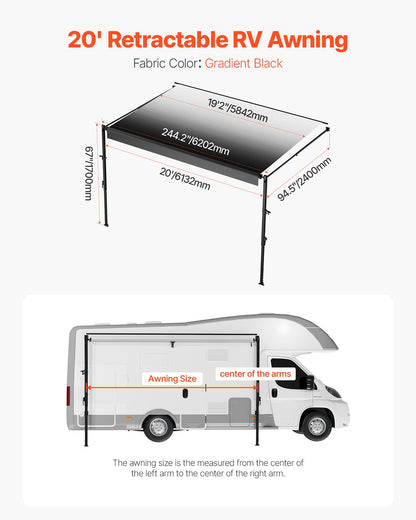 Manuell husbilsmarkis komplett kit, 20' infällbar markis med aluminiumram, markis för utomhussläpvagn, passar de flesta husbilar (svart toning)