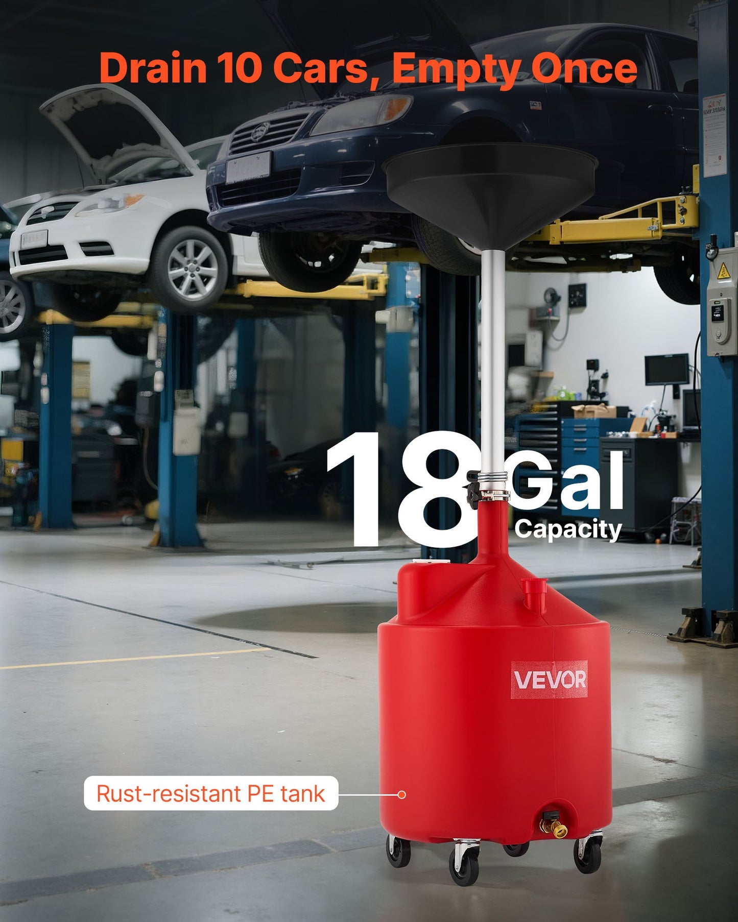 68L spilloljeavtappningstank, industriell vätskeavtappningstank med justerbar tratthöjd, bärbar oljetömningstank med hjul, dränering för vätskeöverföring av bränsle för bilverkstäder, garage, röd