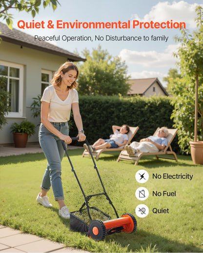 Gräsklippare med hjul 40 cm, 5 knivar, manuell gräsklippare utan motor, 15-45 mm justerbar klipphöjd, gräsklippare med gräsuppsamlare för gröna gräsmattor, uppfarter, gårdar