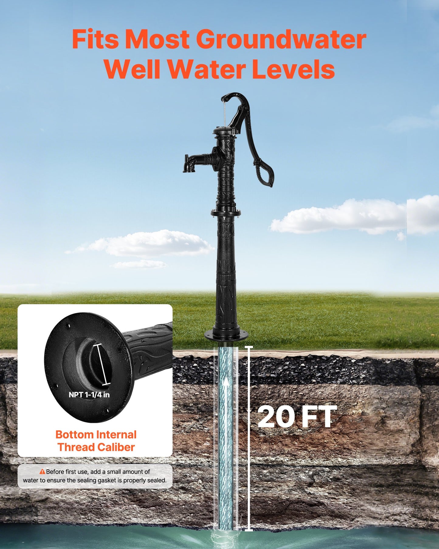 Brunnshandpump, 6 meter maxlyft, manuell handvattenpump i antik gjutjärn med höjningsbas, NPT 3,5 mm anslutning, enkel installation, för utomhusträdgård, damm, gård, gård, svart