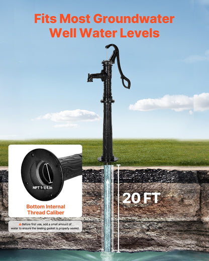 Brunnshandpump, 6 meter maxlyft, manuell handvattenpump i antik gjutjärn med höjningsbas, NPT 3,5 mm anslutning, enkel installation, för utomhusträdgård, damm, gård, gård, svart