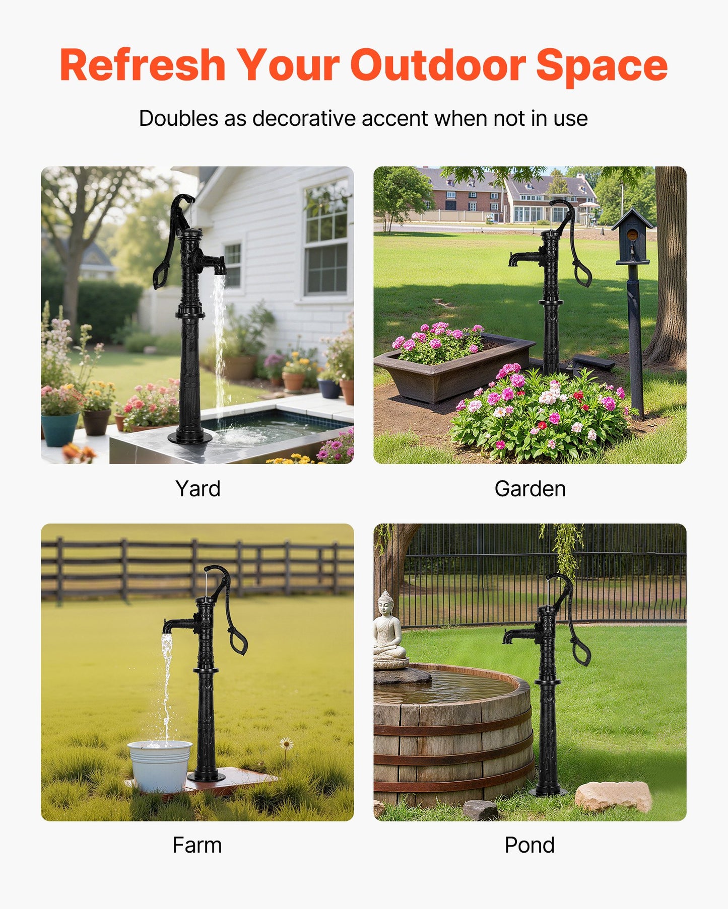 Brunnshandpump, 6 meter maxlyft, manuell handvattenpump i antik gjutjärn med höjningsbas, NPT 3,5 mm anslutning, enkel installation, för utomhusträdgård, damm, gård, gård, svart