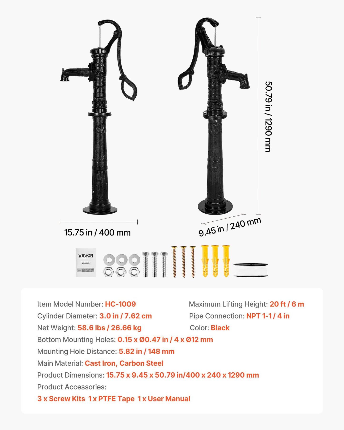 Brunnshandpump, 6 meter maxlyft, manuell handvattenpump i antik gjutjärn med höjningsbas, NPT 3,5 mm anslutning, enkel installation, för utomhusträdgård, damm, gård, gård, svart