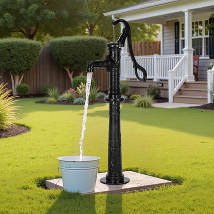 Brunnshandpump, 6 meter maxlyft, manuell handvattenpump i antik gjutjärn med höjningsbas, NPT 3,5 mm anslutning, enkel installation, för utomhusträdgård, damm, gård, gård, svart