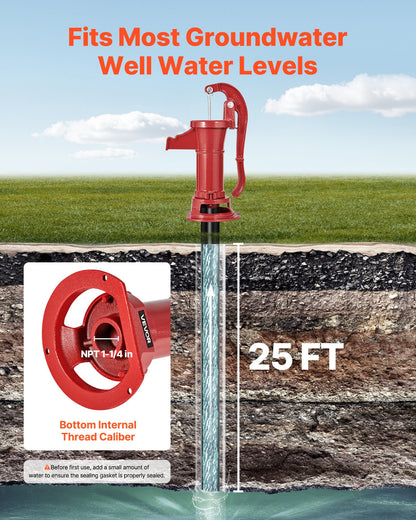 Brunnshandpump, 25 fot maximal lyfthöjd, manuell handvattenpump i antik gjutjärn, NPT 1-1/4 tums anslutning, enkel installation, gammaldags för utomhusträdgård, damm, bakgård, gård, röd