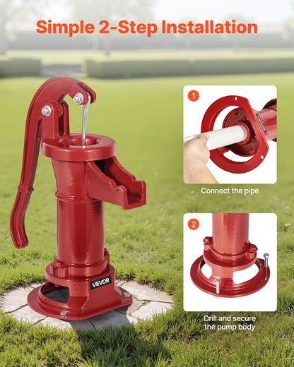 Brunnshandpump, 25 fot maximal lyfthöjd, manuell handvattenpump i antik gjutjärn, NPT 1-1/4 tums anslutning, enkel installation, gammaldags för utomhusträdgård, damm, bakgård, gård, röd