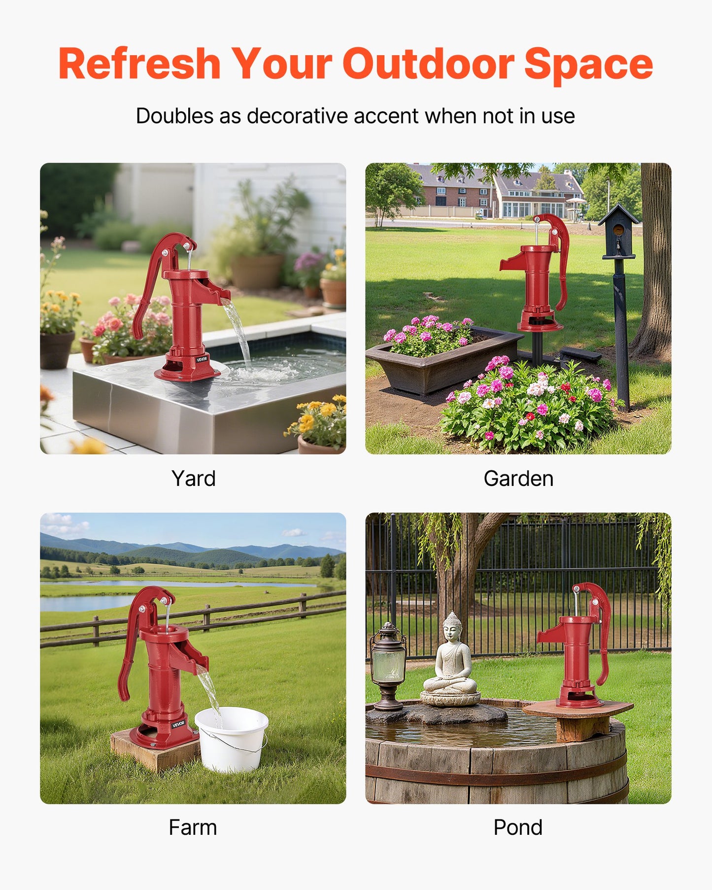 Brunnshandpump, 25 fot maximal lyfthöjd, manuell handvattenpump i antik gjutjärn, NPT 1-1/4 tums anslutning, enkel installation, gammaldags för utomhusträdgård, damm, bakgård, gård, röd