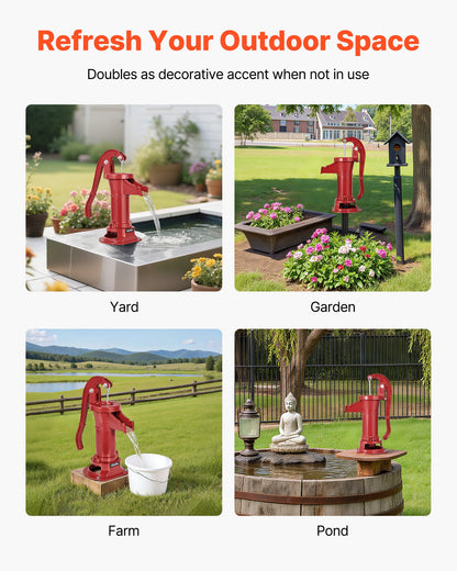 Brunnshandpump, 25 fot maximal lyfthöjd, manuell handvattenpump i antik gjutjärn, NPT 1-1/4 tums anslutning, enkel installation, gammaldags för utomhusträdgård, damm, bakgård, gård, röd