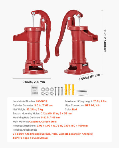 Brunnshandpump, 25 fot maximal lyfthöjd, manuell handvattenpump i antik gjutjärn, NPT 1-1/4 tums anslutning, enkel installation, gammaldags för utomhusträdgård, damm, bakgård, gård, röd